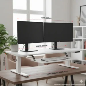 Ein Dual-Monitor-Setup auf einem elektrisch schreibtischaufsatz höhe 50 cm in der höchsten Position.