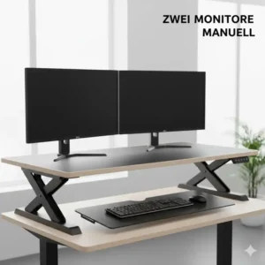Schreibtischaufsatz manuell verstellbar mit ausreichend Platz für zwei Monitore.