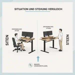 Vergleich der Körperhaltung beim Nutzen eines Schreibtischaufsatz manuell höhenverstellbar.