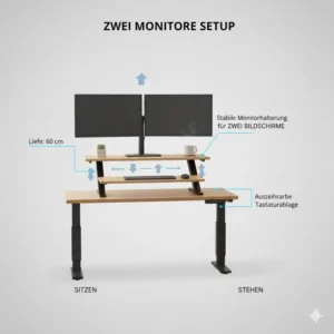 Setup mit zwei Monitoren auf einem Schreibtischaufsatz manuell ergonomisch.
