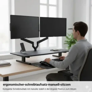 Ergonomic sitting position at a desk using a schreibtischaufsatz manuell stabil in its lowest setting.
