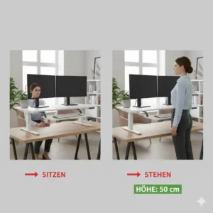 Vorher-Nachher-Vergleich der Sitz- und Stehposition mit dem elektrisch schreibtischaufsatz höhe 50 cm.
