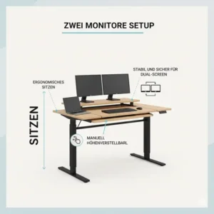 Stabiler Stand von zwei Monitoren auf einem Schreibtischaufsatz manuell höhenverstellbar.