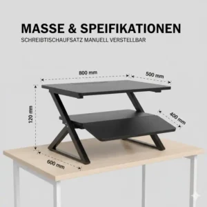 Infografik mit technischen Maßen für den schreibtischaufsatz manuell verstellbar.