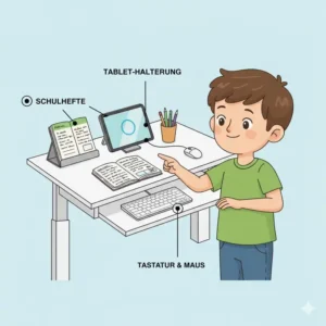 Aufgeräumter Arbeitsplatz mit einem elektrisch schreibtischaufsatz kinder.