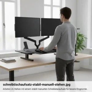 Person working while standing using a schreibtischaufsatz manuell stabil to improve posture.