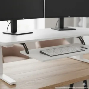 Fokus auf die ergonomische Tastaturablage beim elektrisch schreibtischaufsatz höhe 50 cm.