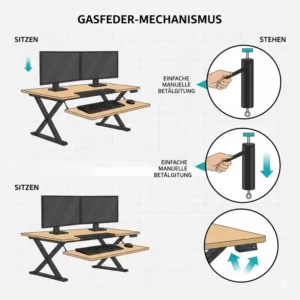 Illustration des Gasfeder-Mechanismus beim Schreibtischaufsatz manuell ergonomisch.