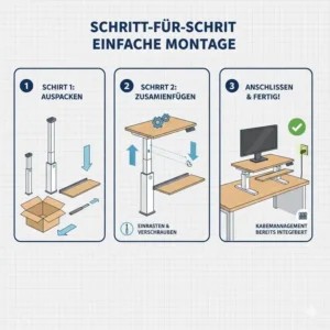 Einfache Schritt-für-Schritt-Montage für den elektrisch schreibtischaufsatz mit kabelführung.