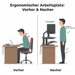 Vorher-Nachher Vergleich der Körperhaltung mit einem elektrisch schreibtischaufsatz montagefrei.