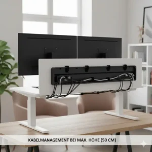 Rückansicht mit ordentlichem Kabelmanagement am elektrisch schreibtischaufsatz höhe 50 cm.