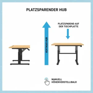 Darstellung des platzsparenden vertikalen Hubs beim Schreibtischaufsatz manuell höhenverstellbar.
