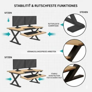 Stabile Bauweise und rutschfeste Füße beim Schreibtischaufsatz manuell ergonomisch.