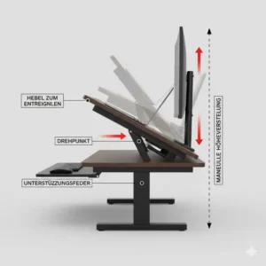 Detailansicht der Funktionsweise für einen Schreibtischaufsatz manuell klappbar zum einfachen Verstellen.