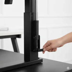 Nahaufnahme der Hebe-Funktion für einen Schreibtischaufsatz manuell metall.