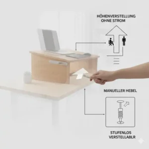 Illustration der einfachen Bedienung beim schreibtischaufsatz manuell holz.