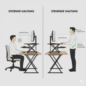 Vergleich von Sitzen und Stehen mit dem Schreibtischaufsatz manuell Homeoffice.