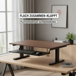 Schreibtischaufsatz manuell klappbar im flach zusammengeklappten Zustand zur platzsparenden Aufbewahrung.