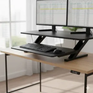 Detailansicht der stabilen Konstruktion vom schreibtischaufsatz manuell mit tastaturablage.