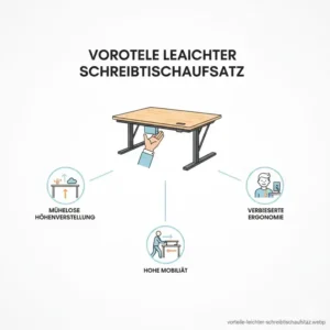 Grafik zeigt die Vorteile wie Mobilität und Gewicht für den schreibtischaufsatz manuell leicht.