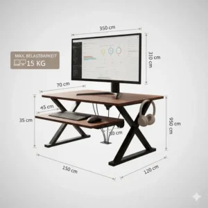Infografik mit Maßen und Belastbarkeit vom Schreibtischaufsatz manuell Homeoffice.