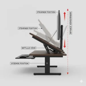 Illustration der verschiedenen Höhenstufen, die ein Schreibtischaufsatz manuell klappbar bietet.