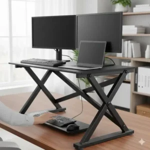 Schreibtischaufsatz manuell metall mit separater Tastaturablage für bessere Ergonomie.