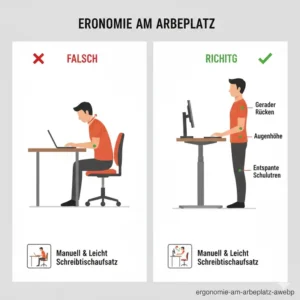 Vergleich der Körperhaltung bei der Nutzung eines schreibtischaufsatz manuell leicht.