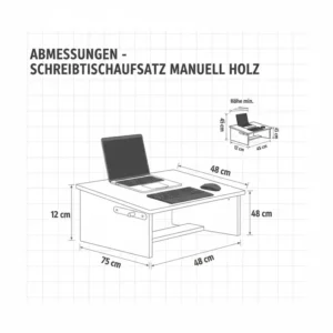 Infografik mit den exakten Abmessungen für den schreibtischaufsatz manuell holz.