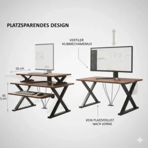 Illustration des vertikalen Hubmechanismus beim Schreibtischaufsatz manuell Homeoffice.