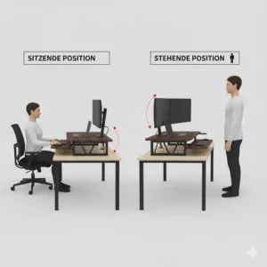 Vergleich zwischen Sitzen und Stehen mit einem Schreibtischaufsatz manuell klappbar am Arbeitsplatz.