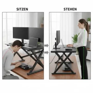 Vergleich der Körperhaltung mit und ohne Schreibtischaufsatz manuell metall.