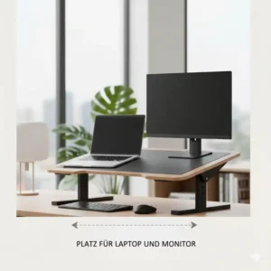 Arbeitsplatz mit zwei Monitoren auf einem schreibtischaufsatz manuell tragbar.