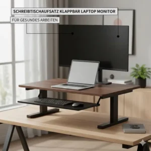 Ein Schreibtischaufsatz manuell klappbar bestückt mit Laptop und Monitor für gesundes Arbeiten.