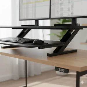 Fokus auf die untere Ebene beim schreibtischaufsatz manuell mit tastaturablage.