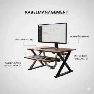 Integriertes Kabelmanagement am Schreibtischaufsatz manuell Homeoffice für Ordnung.