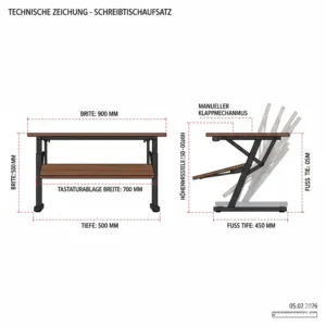 Technische Zeichnung mit genauen Maßen für den Schreibtischaufsatz manuell klappbar.