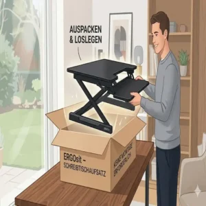 Das Auspacken des Produkts: Ein schreibtischaufsatz manuell ohne montage direkt aus dem Karton.