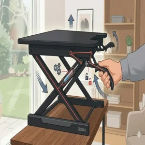 Detailansicht der Hebelbedienung für einen schreibtischaufsatz manuell ohne montage.