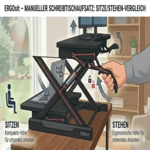 Sitz-Stand-Vergleich zeigt die Funktionen eines schreibtischaufsatz manuell ohne montage.