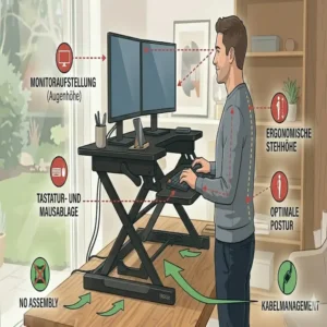 Ergonomische Arbeitshaltung dank der Höhe vom schreibtischaufsatz manuell ohne montage.