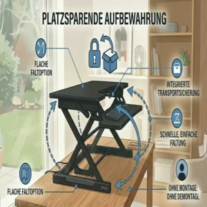 Platzsparend flach zusammengeklappt: schreibtischaufsatz manuell ohne montage zur Aufbewahrung.
