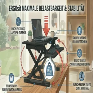 Hohe Tragkraft für Laptop und Monitor auf dem schreibtischaufsatz manuell ohne montage.