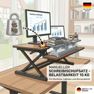 Infografik zur Belastbarkeit von einem schreibtischaufsatz manuell bis 15 kg für Monitore.