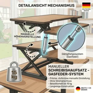 Detailansicht der Gasfeder-Technik am schreibtischaufsatz manuell bis 15 kg.