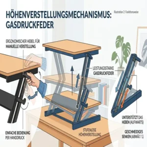 Darstellung der Gasdruckfeder-Technik im schreibtischaufsatz manuell kompakt für einfache Bedienung.