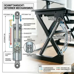 Das integrierte Gasfedersystem im schreibtischaufsatz manuell hochwertig für sanftes Heben.