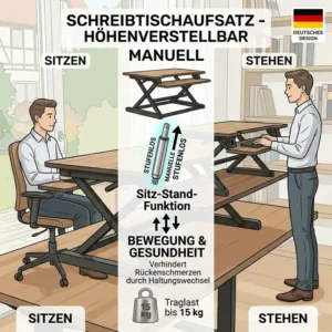Technische Zeichnung und Maße für den schreibtischaufsatz manuell bis 15 kg