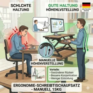 Darstellung der verbesserten Körperhaltung durch den schreibtischaufsatz manuell bis 15 kg.