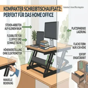 Platzsparende Integration eines schreibtischaufsatz manuell kompakt in ein schmales Home Office.